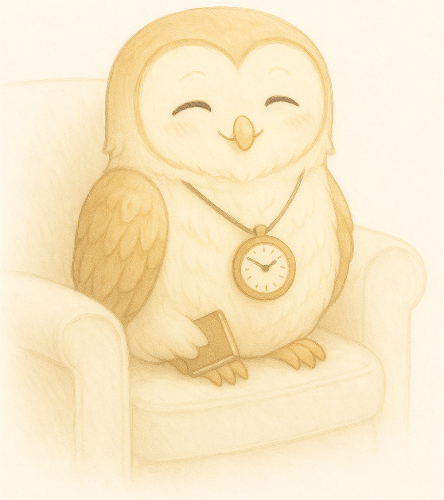 優しいまなざしで静かにうなずくフクロウのキャラクター、クロノ